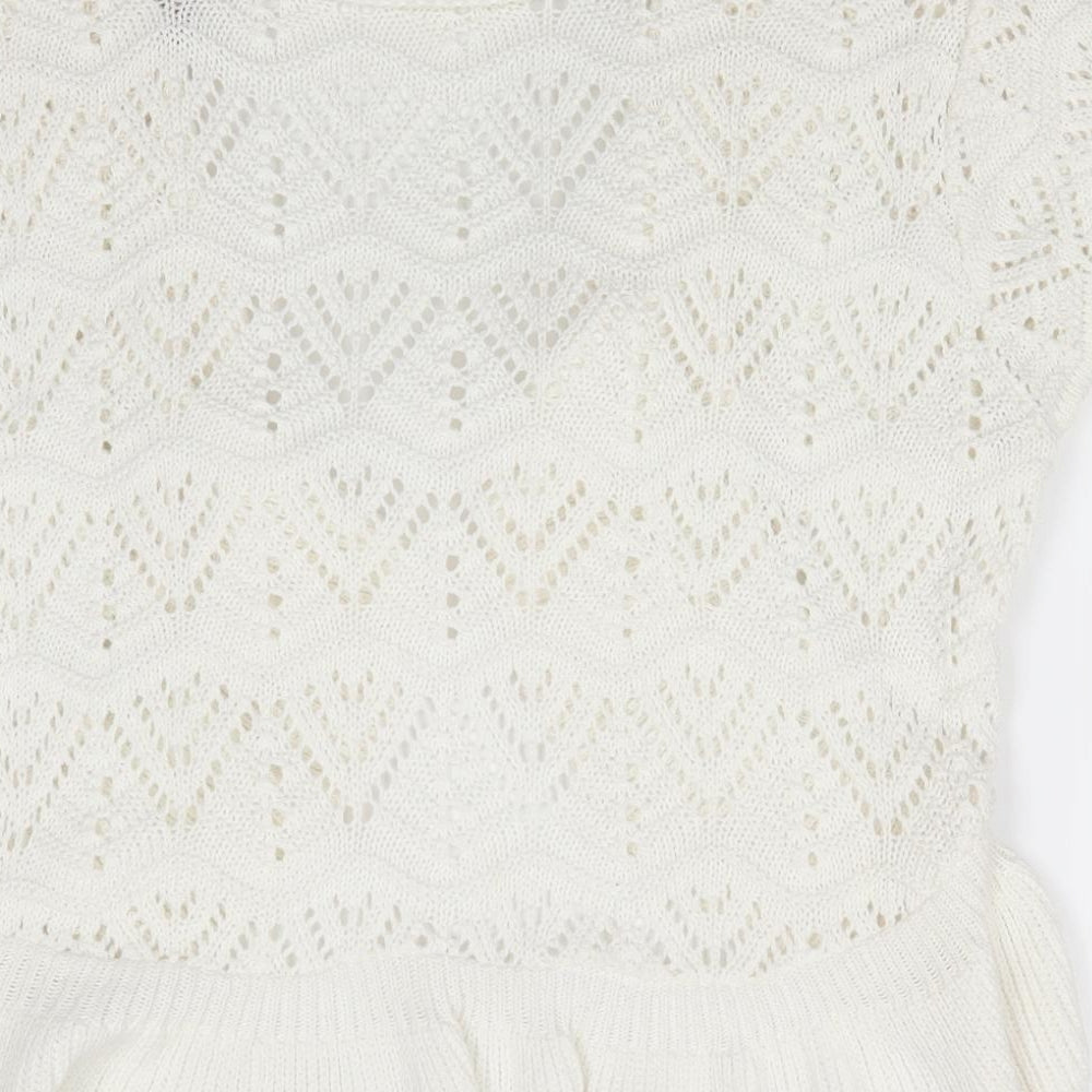 Soon Womens Ivory V-Neck Geometric Cotton Cardigan Jumper Size 18 - Open Knit Frill trim