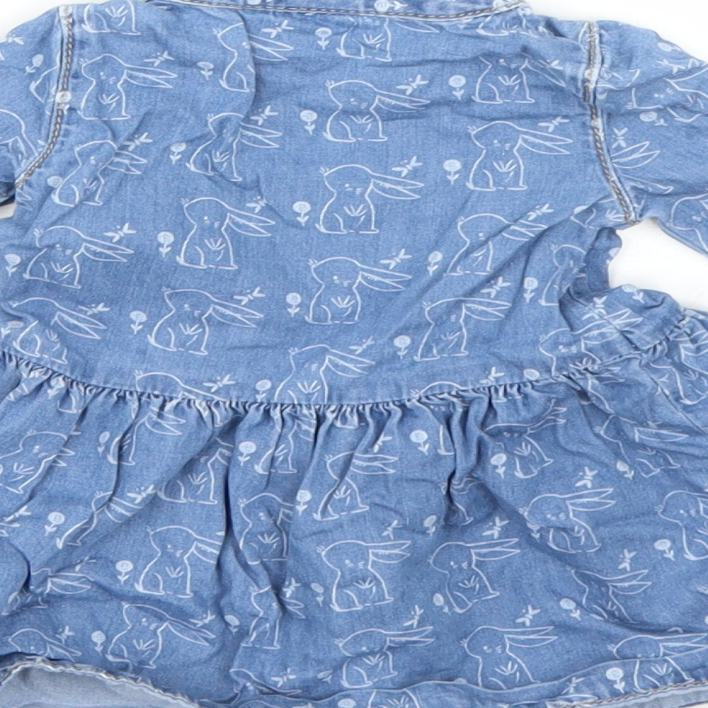 Mini Club Girls Blue Cotton Shirt Dress Size 0-3 Months Round Neck - rabbit