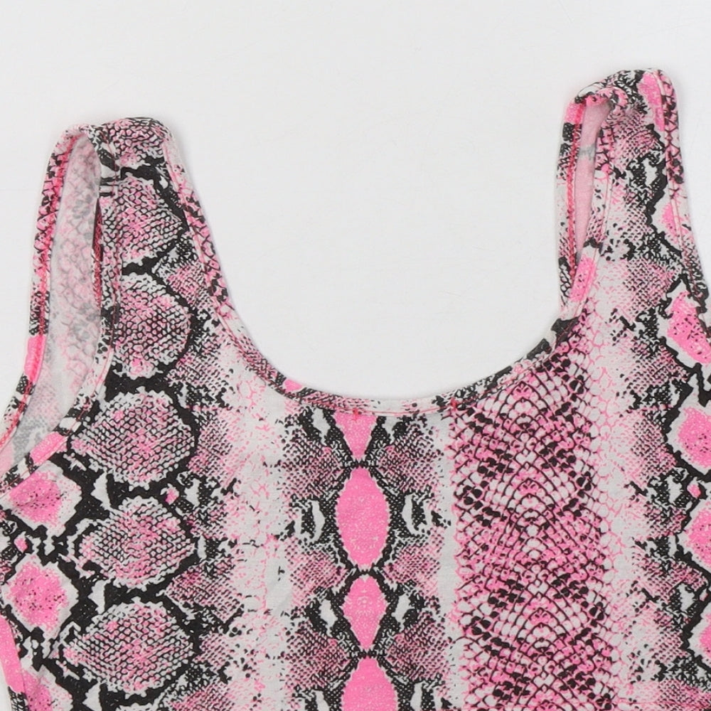 PRETTYLITTLETHING Womens Pink Animal Print Viscose Cropped Tank Size 8 Scoop Neck