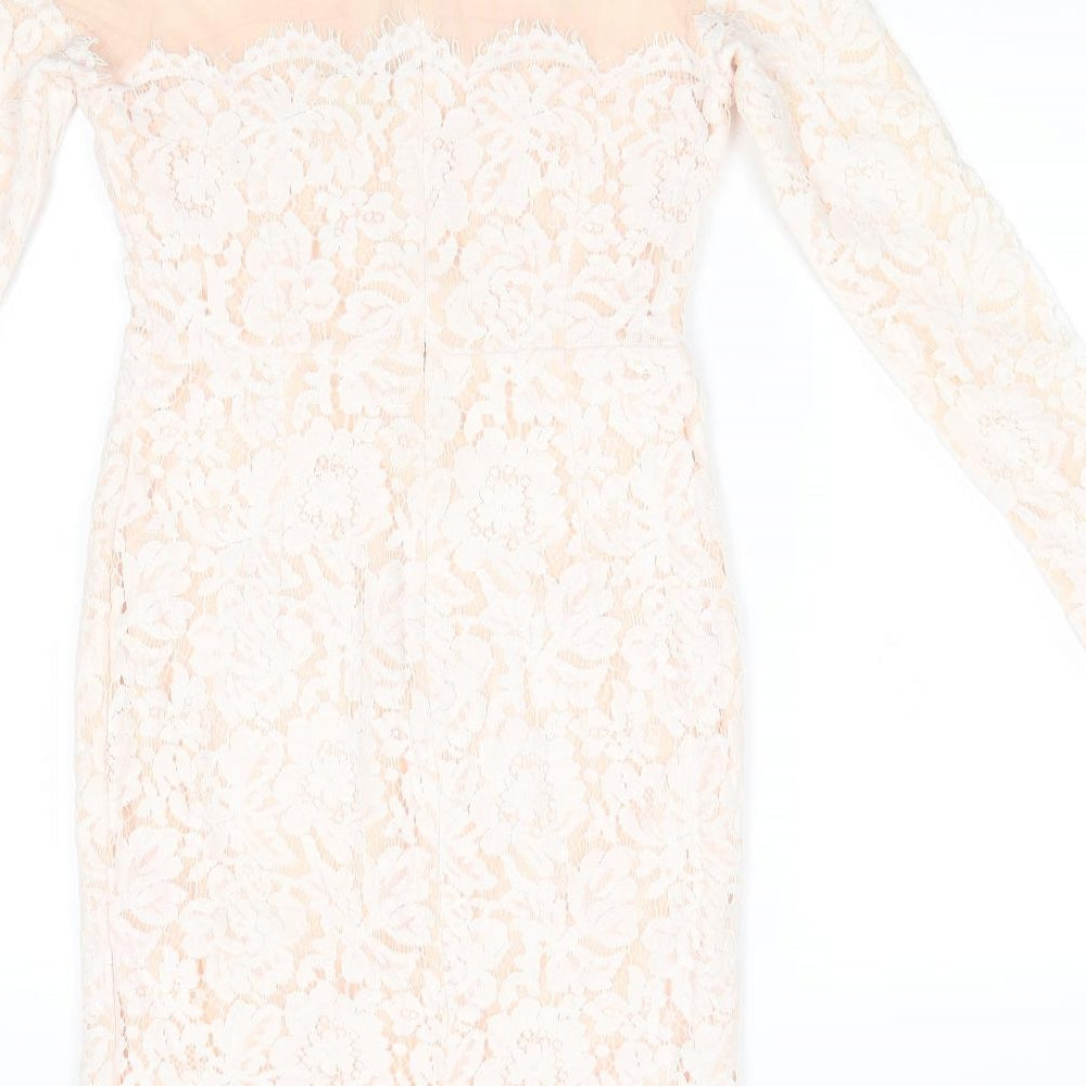 Missguided Womens Ivory Floral Polyester Bodycon Size 10 Round Neck Zip - Peach with Lace Overlay Dress Sheer Shoulders