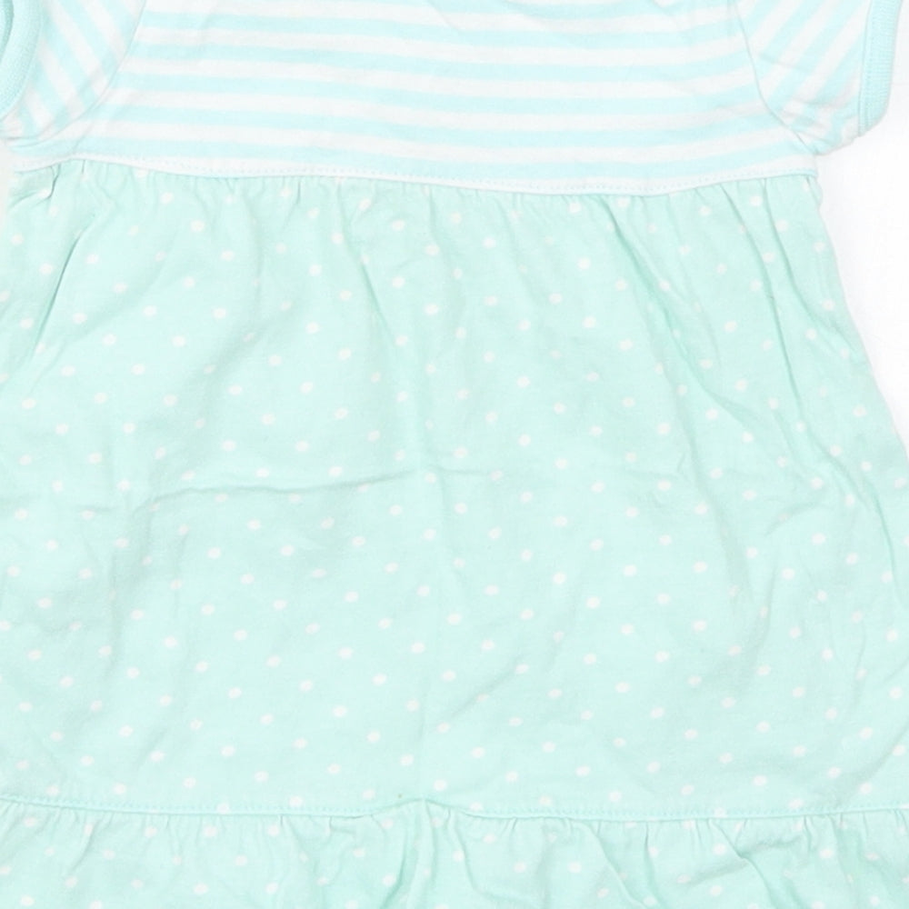 Baby Girls Green Striped Cotton Skater Dress Size 3-6 Months Round Neck Pullover - Polka Dot
