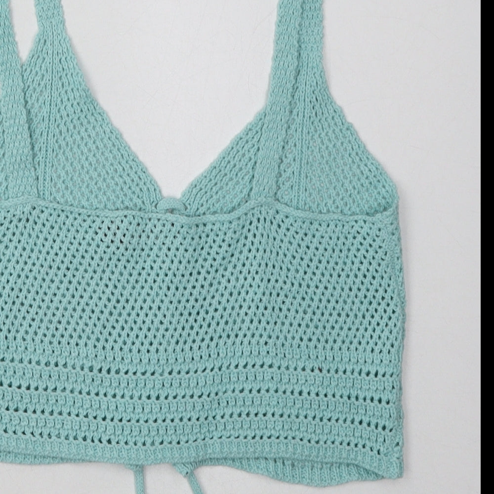 PRETTYLITTLETHING Womens Blue Cotton Cropped Tank Size M V-Neck