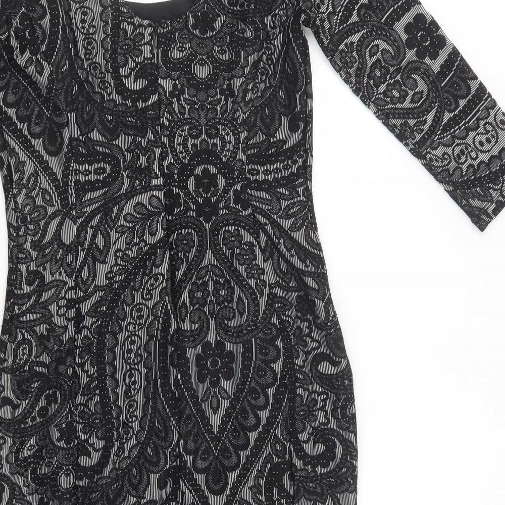 Miss Selfridge Womens Black Floral Polyamide Bodycon Size 10 Scoop Neck - Lace Overlay