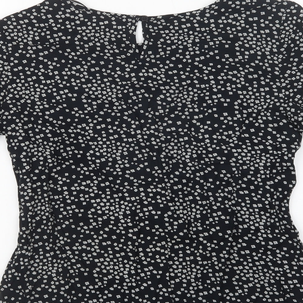 BHS Womens Black Floral Viscose Basic Blouse Size 10 Crew Neck