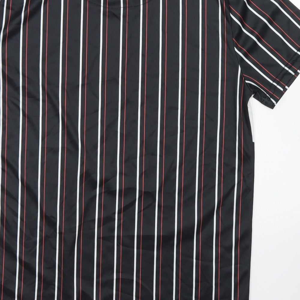 Beck & Hersey Mens Black Striped Polyester T-Shirt Size M Crew Neck