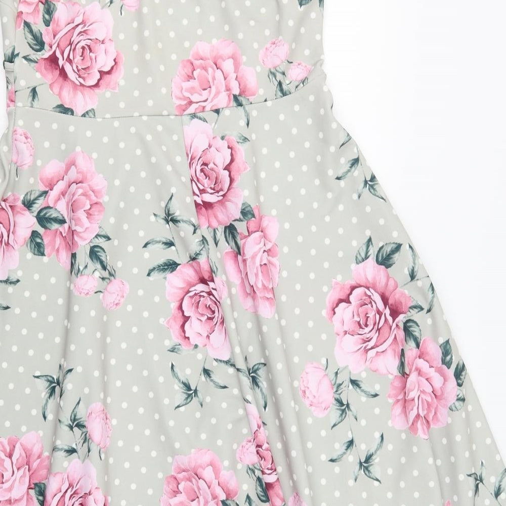 Quiz Womens Grey Floral Polyacrylate Fibre Fit & Flare Size 16 V-Neck