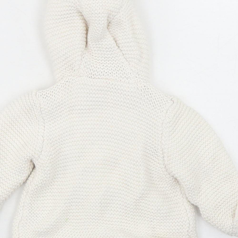 M&S Girls White Cotton Cardigan Jumper Size 0-3 Months Button - Bear hood