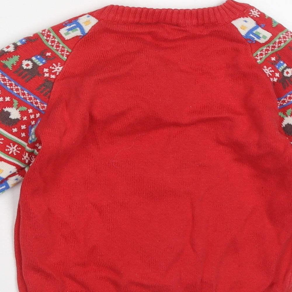 TU Boys Red Geometric Cotton Pullover Jumper Size 12-18 Months Button - snow man