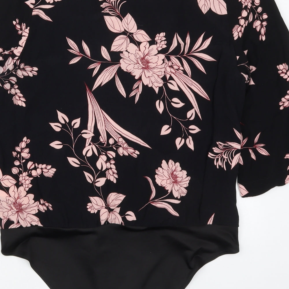 River Island Womens Black Floral Viscose Bodysuit One-Piece Size 12 Button - Pink Flowers