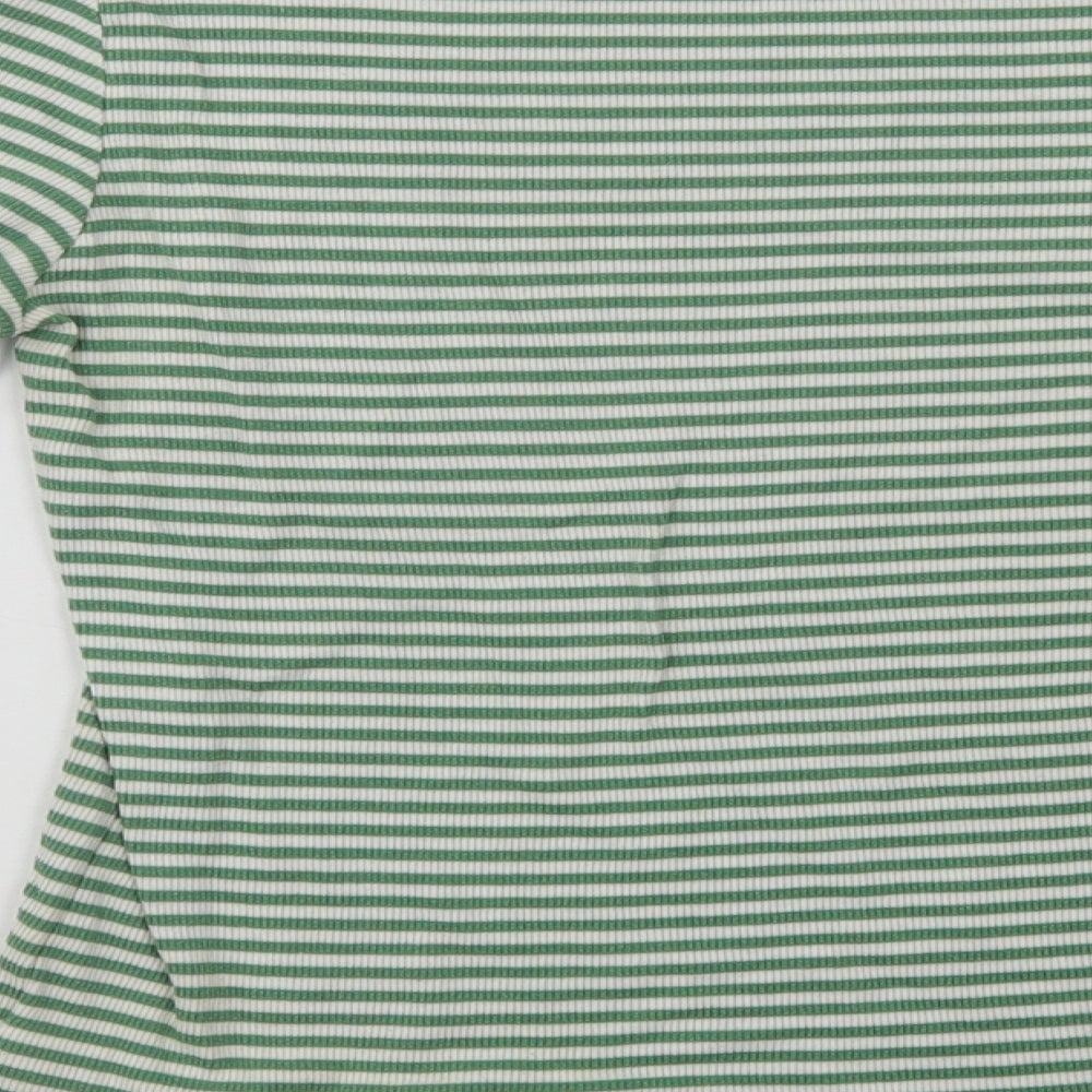 Marks Womens Green Striped Polyester Basic T-Shirt Size 10 Crew Neck