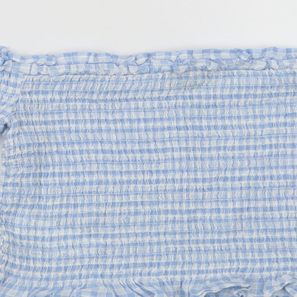 Miss Selfridge Womens Blue Check Cotton Cropped Blouse Size 10 Square Neck