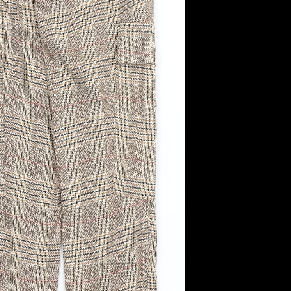 Stradivarius Womens Brown Check Polyester Trousers Size S L27 in Regular Button