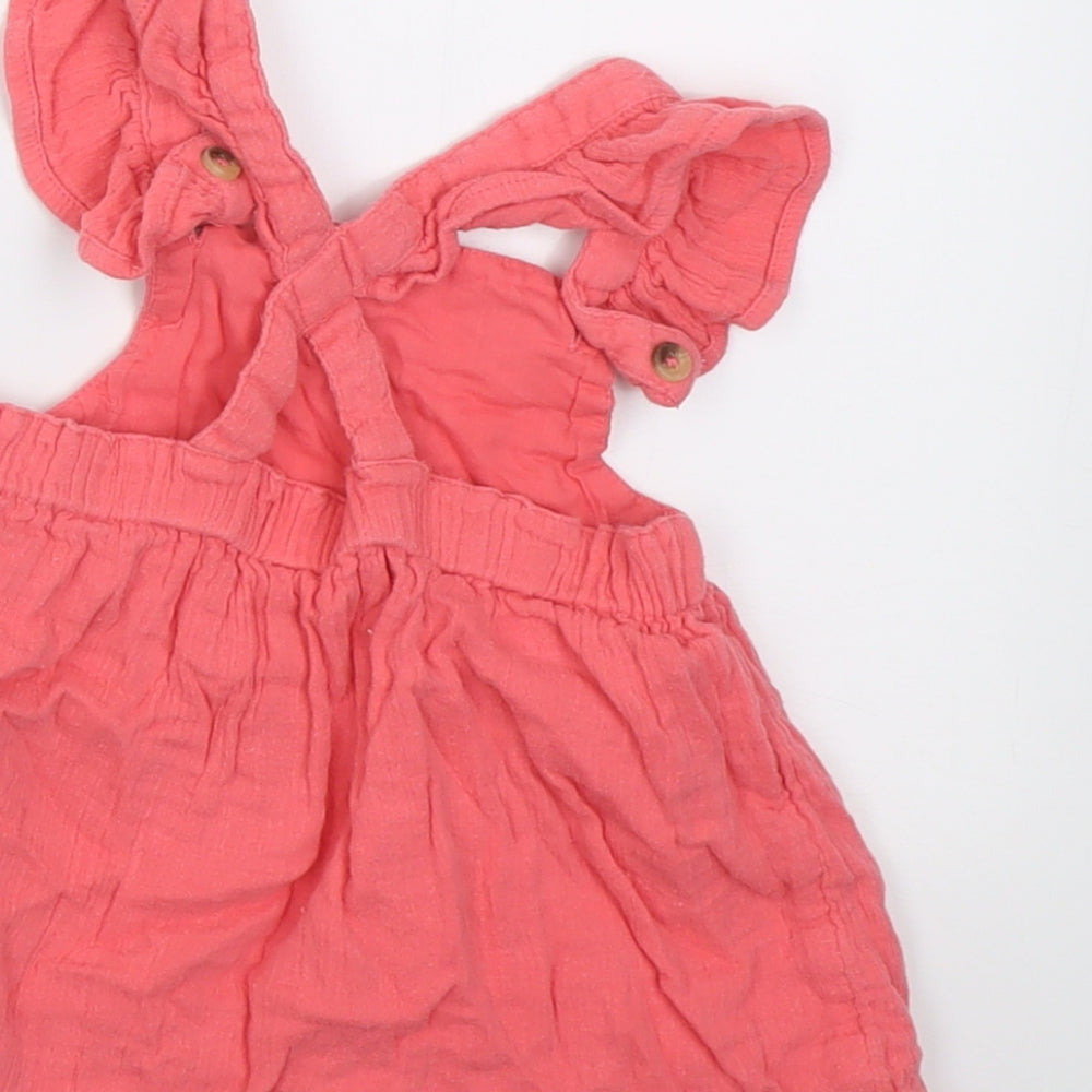 F&F Girls Pink Cotton Pinafore/Dungaree Dress Size 6-9 Months Square Neck Button