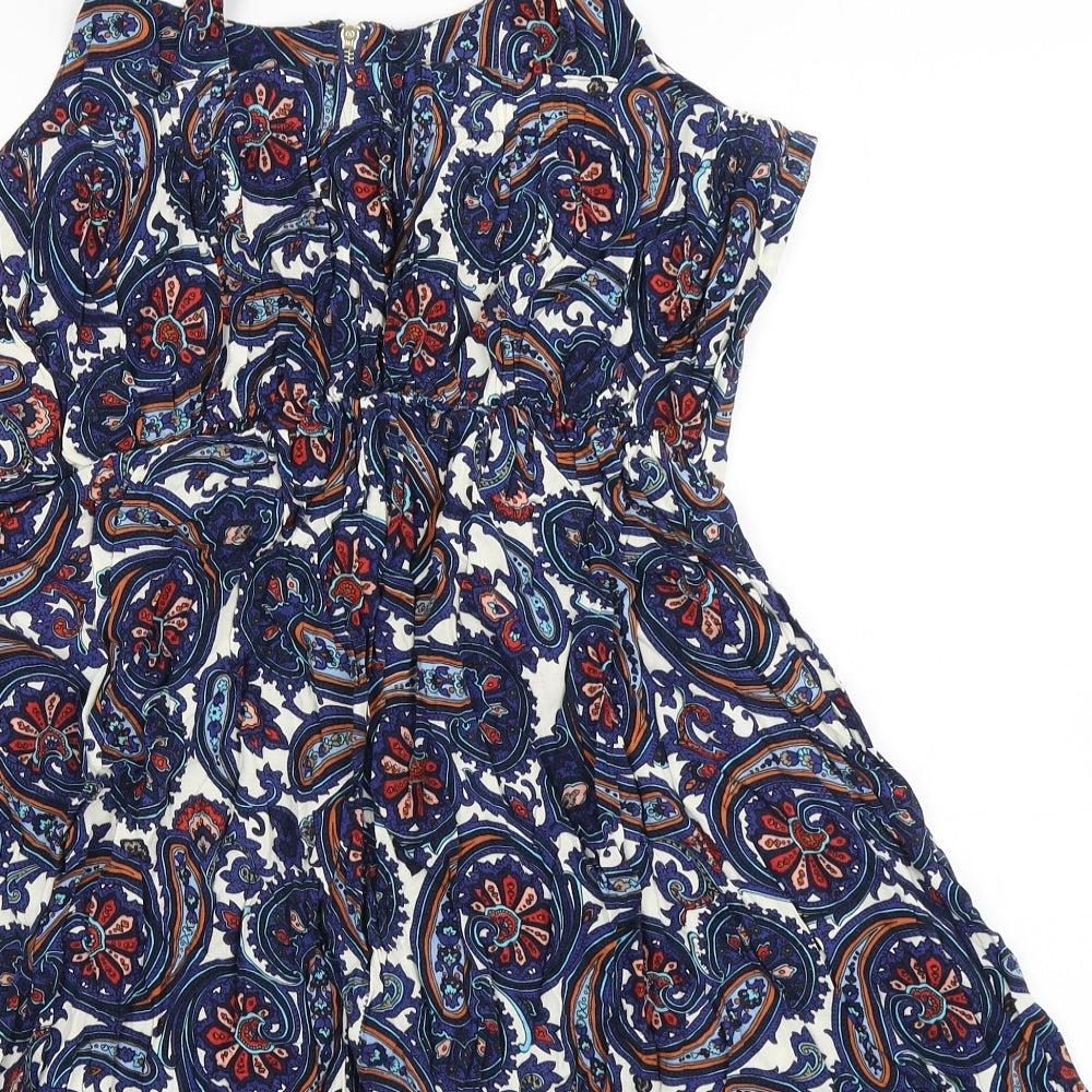 Brave Soul Womens Blue Viscose Skater Dress Size M Round Neck Zip