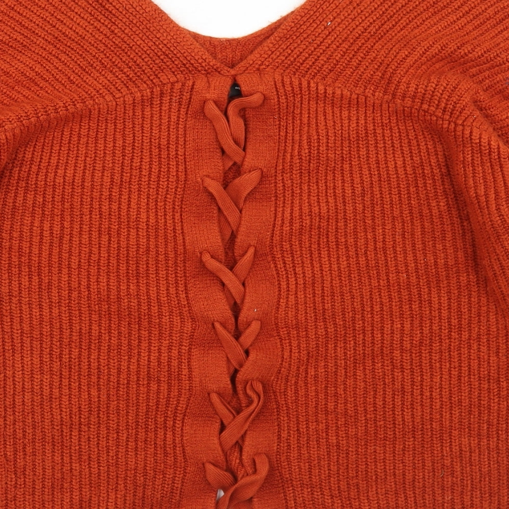 New Look Womens Brown V-Neck Acetate Pullover Jumper Size M - Lace up corset style back