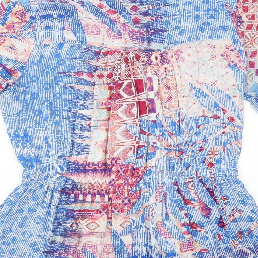 Yest Womens Blue Geometric Viscose Tunic Blouse Size 8 Round Neck