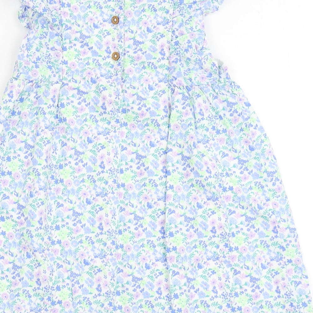 Marks and Spencer Girls White Floral 100% Cotton A-Line Size 18-24 Months Round Neck Button