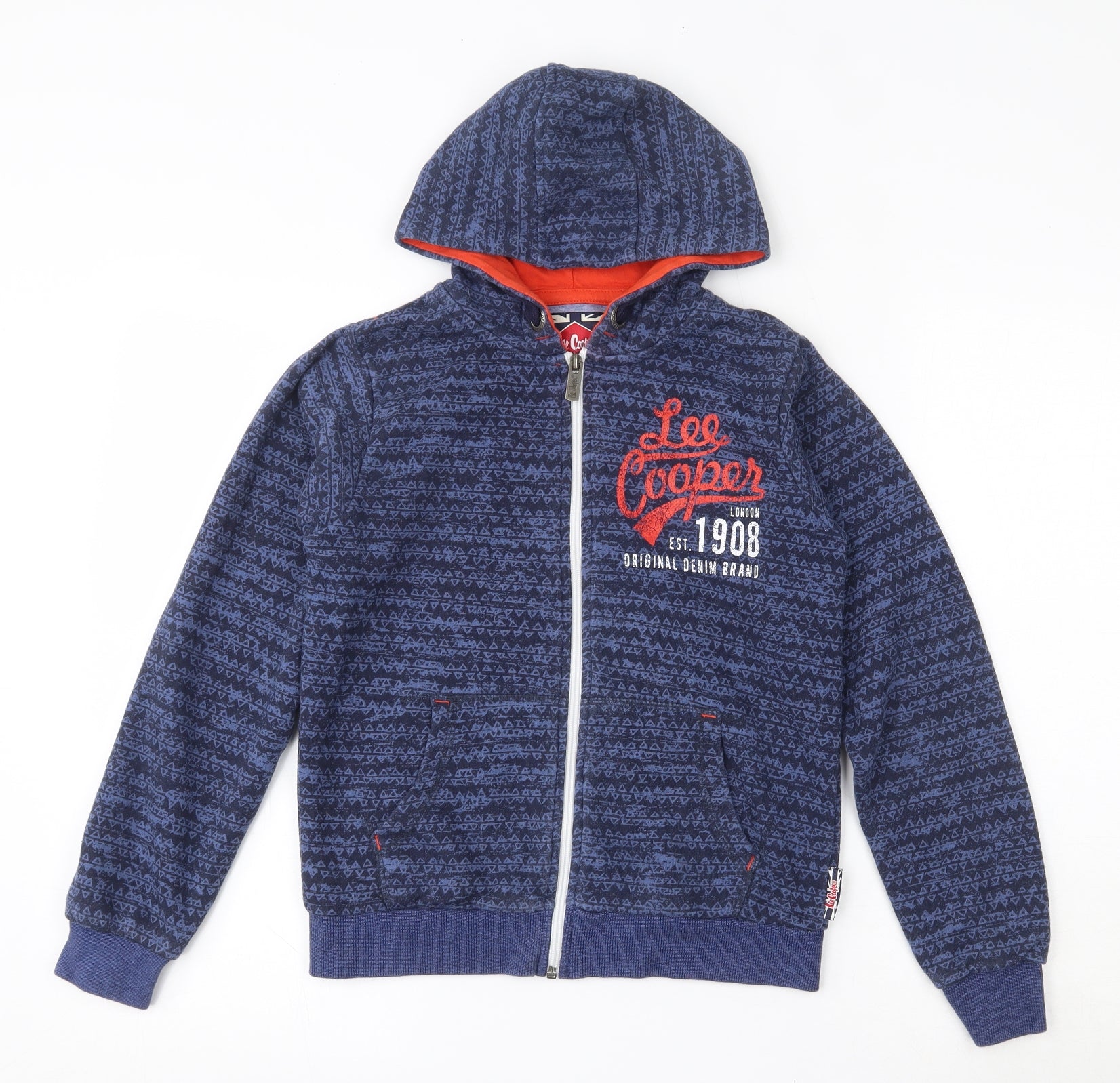 Lee Cooper Boys Blue Geometric Cotton Full Zip Hoodie Size 11-12