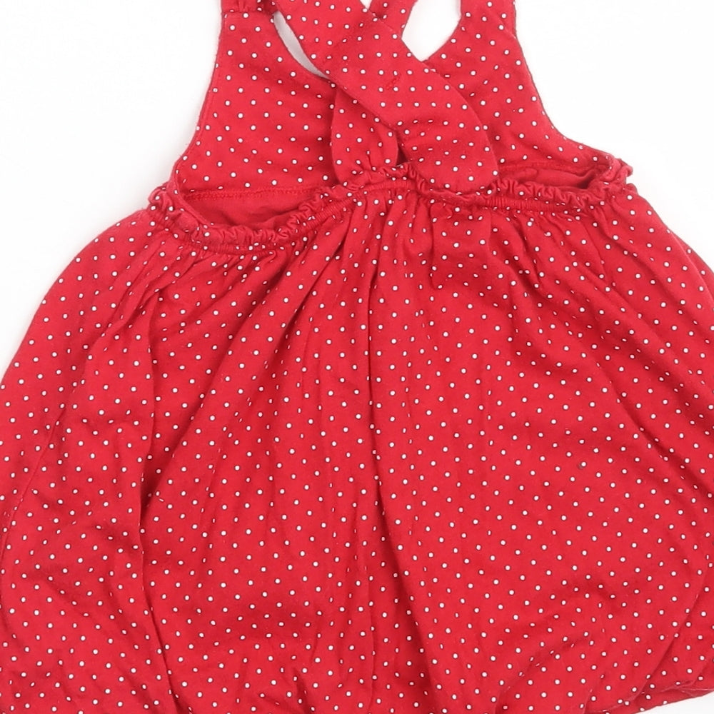 Gap Girls Red Polka Dot Cotton Pinafore/Dungaree Dress Size 9-12 Months Round Neck