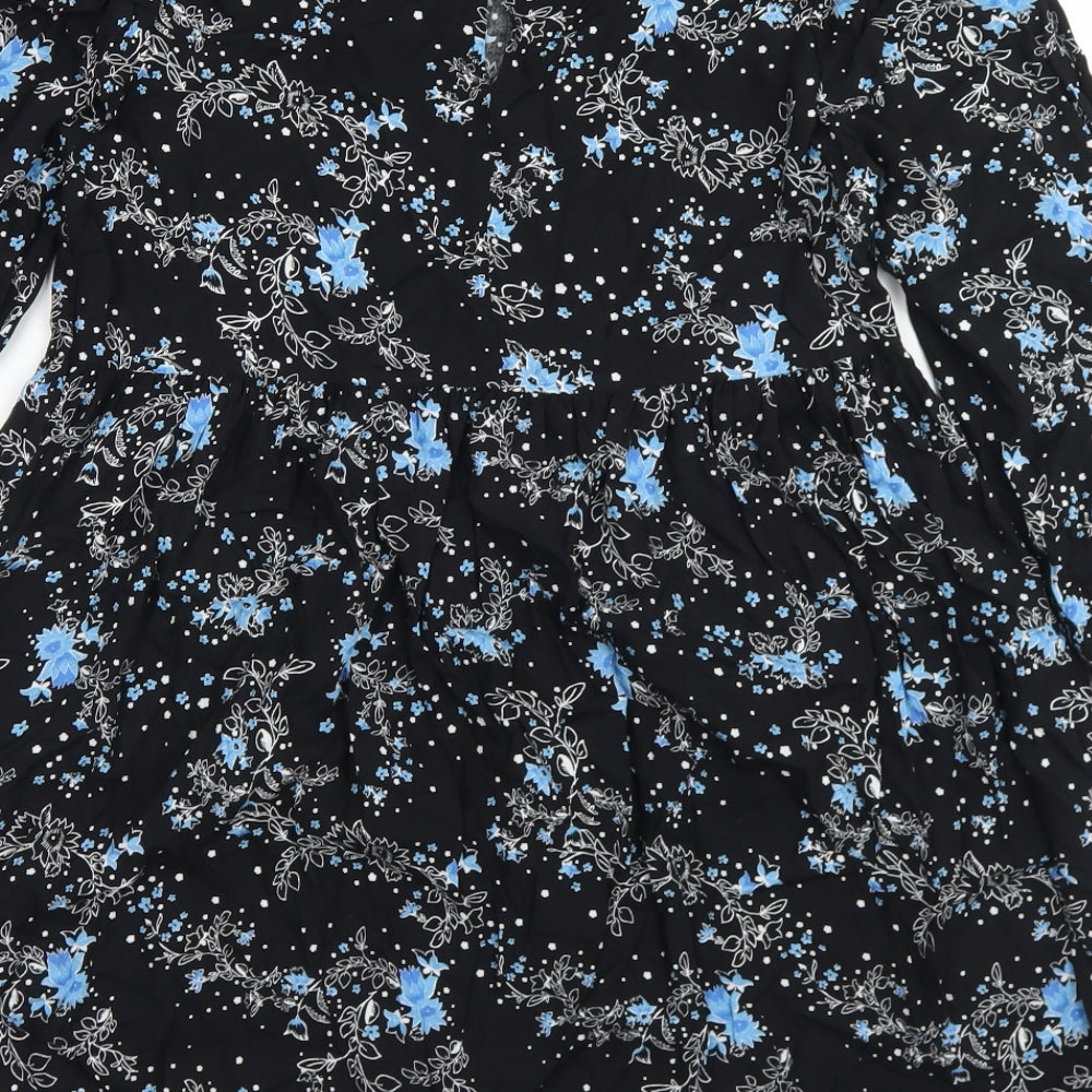 Miss Selfridge Womens Black Floral Viscose Trapeze & Swing Size 8 Round Neck Button - Smock Dress