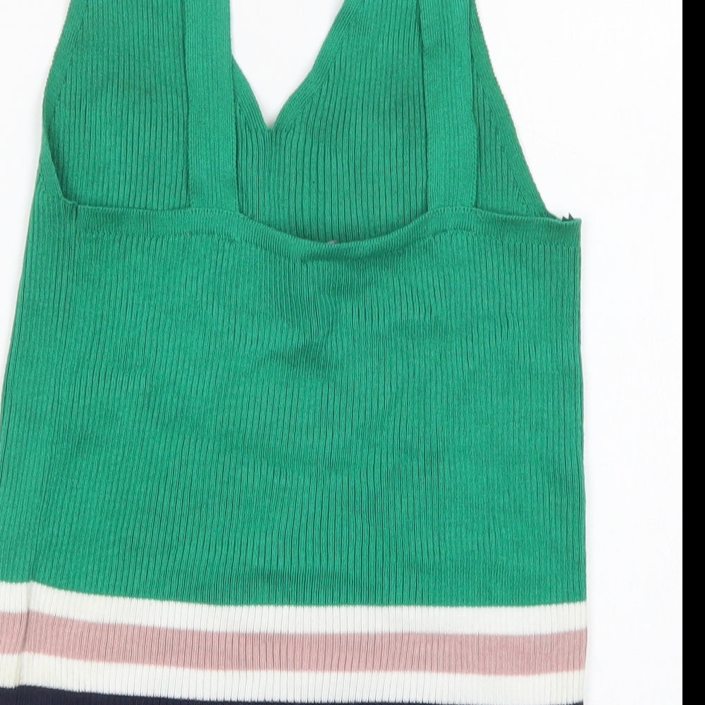 New Look Womens Green Striped Acrylic Basic Tank Size 14 V-Neck