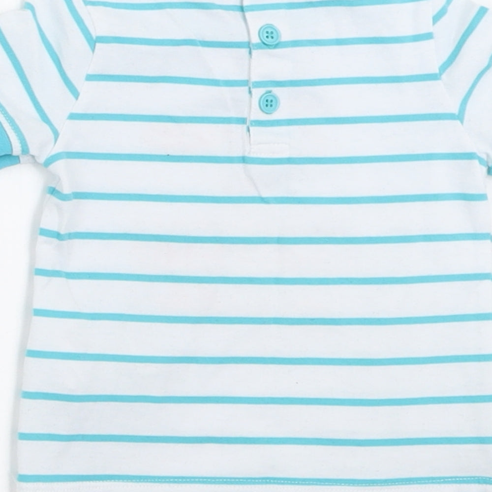 Preworn Boys Blue Striped Cotton Basic T-Shirt Size 6-9 Months Crew Neck Button - prince & chateau de sable
