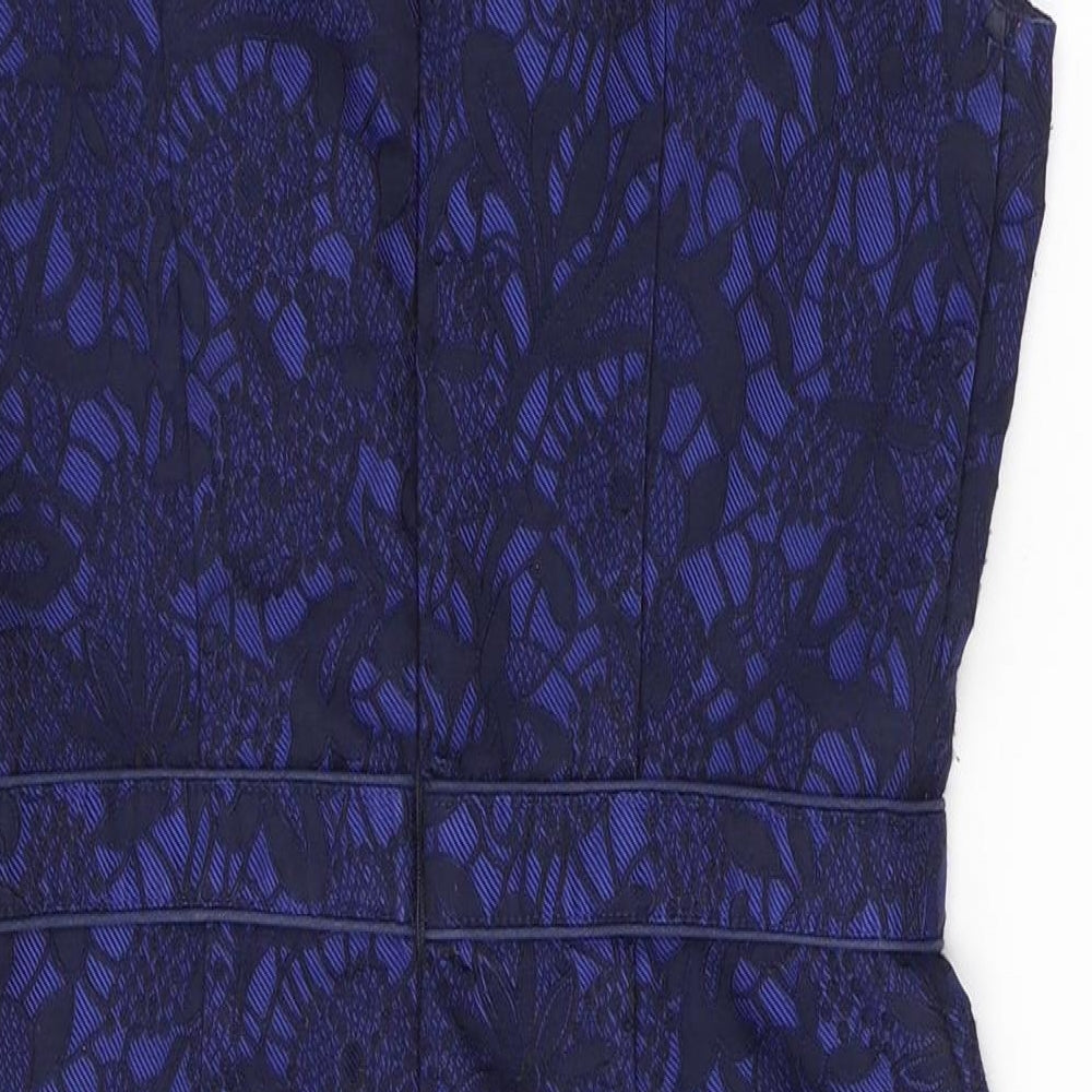 Uttam Boutique Womens Blue Floral Cotton A-Line Size 12 V-Neck Zip