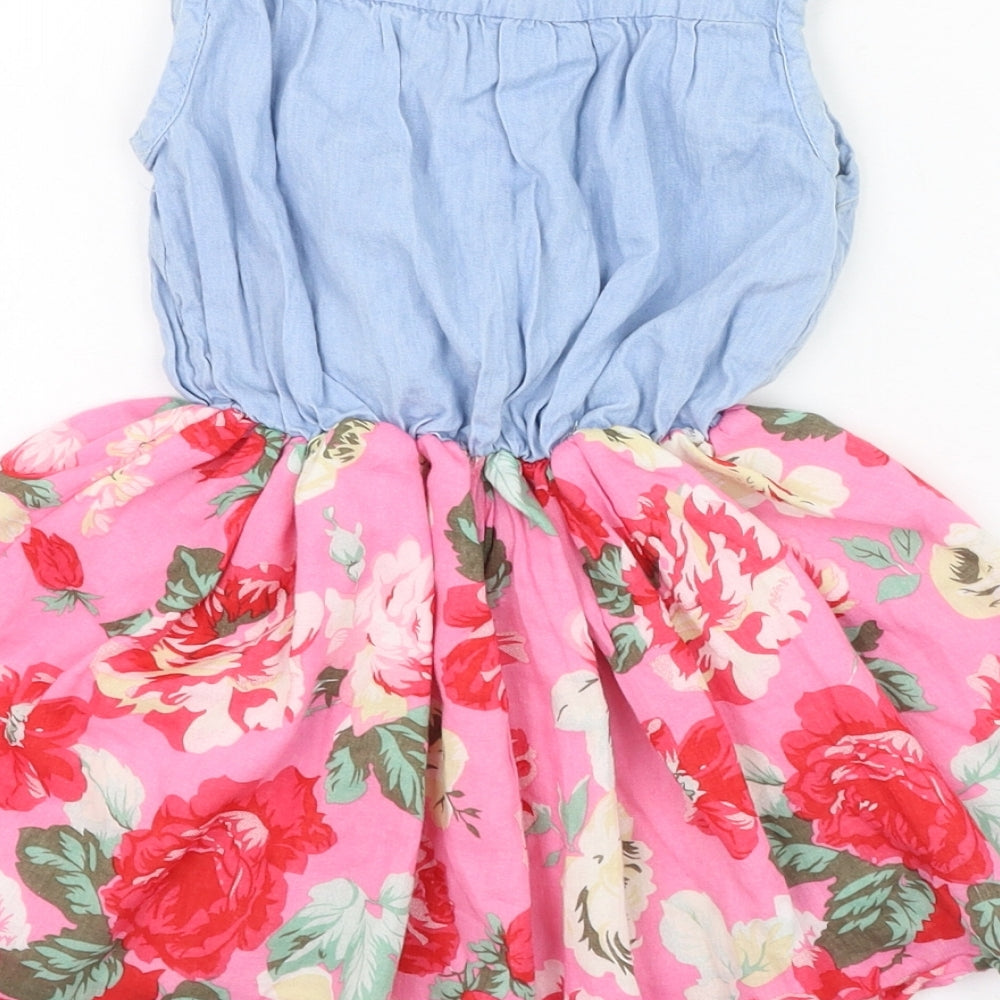 Preworn Girls Pink Floral Cotton Skater Dress Size 2 Years Round Neck Button