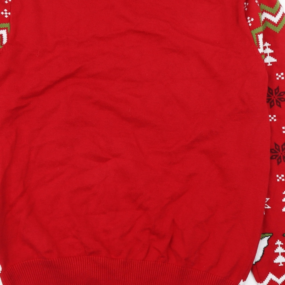Primark Mens Red Round Neck Fair Isle Cotton Pullover Jumper Size L - Gremlins Christmas