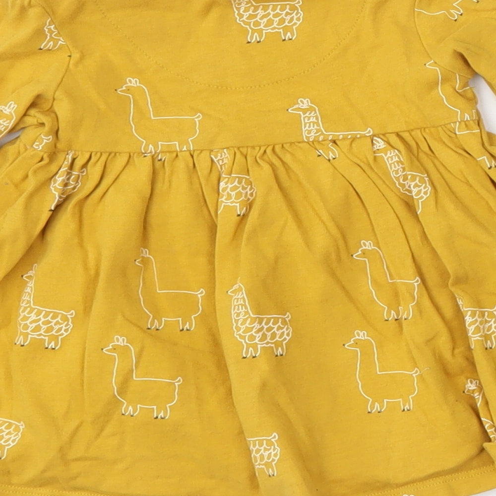 Marks and Spencer Girls Yellow Geometric Cotton Skater Dress Size 3-6 Months Round Neck