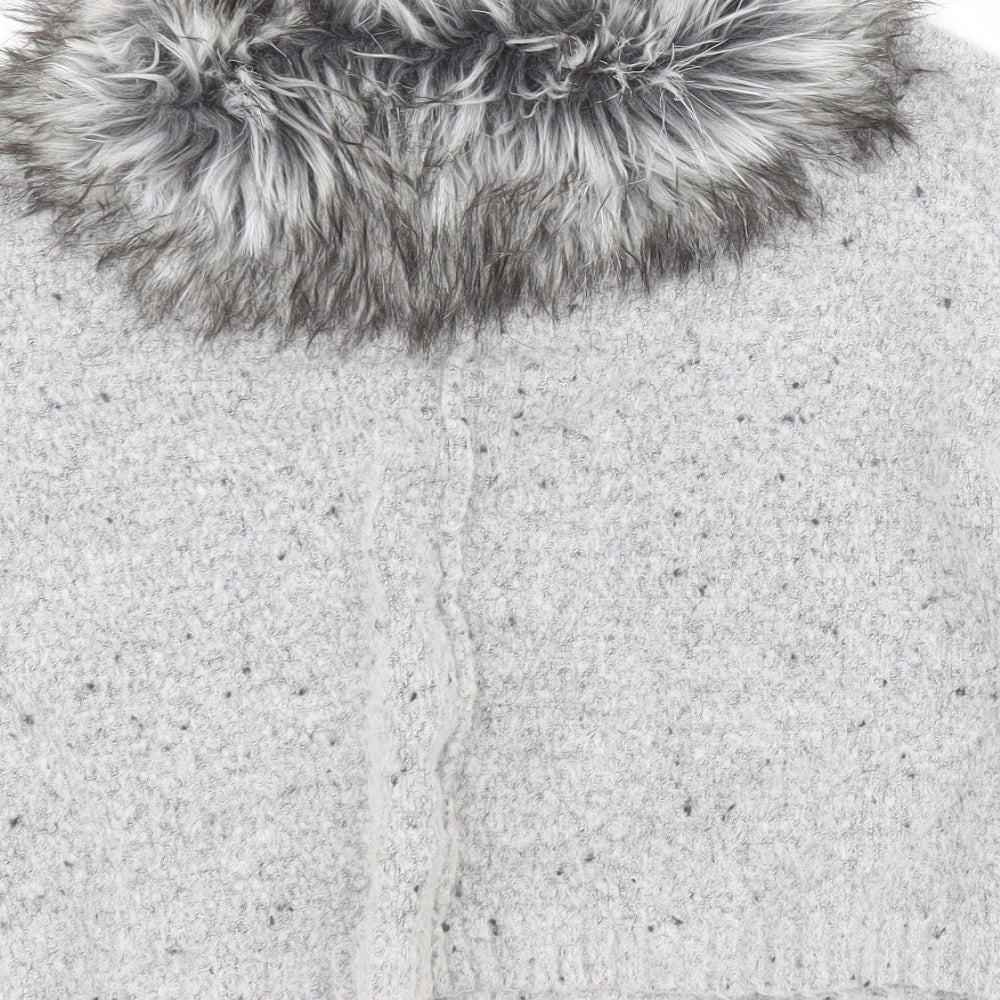 Primark Girls Grey Collared Acrylic Cardigan Jumper Size 7-8 Years Hook & Eye - Faux fur