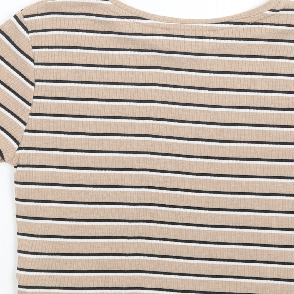 Primark Womens Beige Striped Polyester Cropped T-Shirt Size 6 Crew Neck