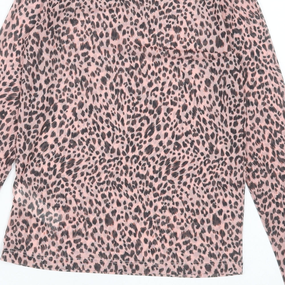 New Look Womens Pink Animal Print Polyester Cropped T-Shirt Size 6 Crew Neck