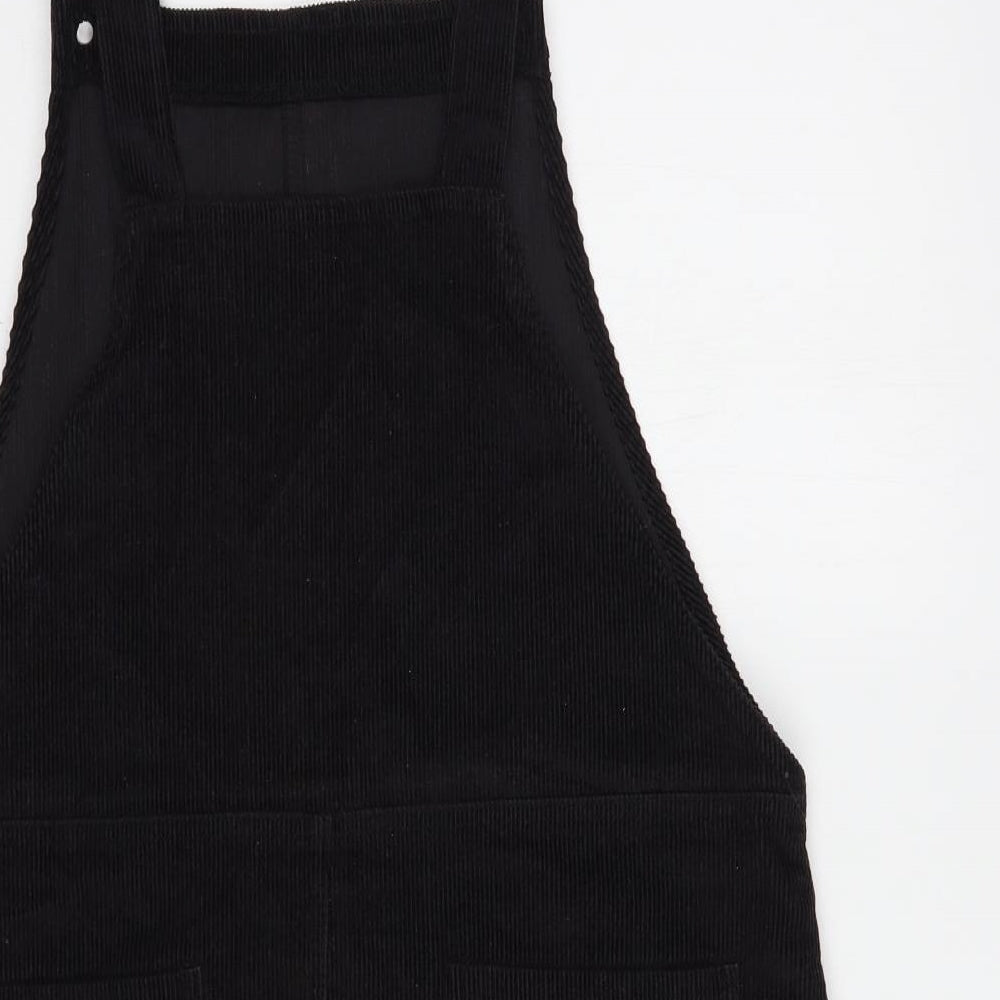 Boohoo Womens Black Cotton Pinafore/Dungaree Dress Size 14 Square Neck Button