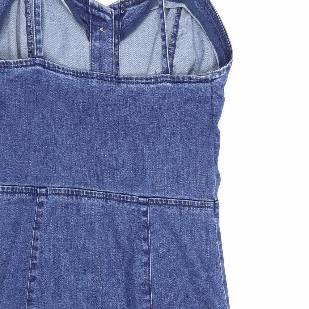 Denim Co. Womens Blue Cotton Pinafore/Dungaree Dress Size 8 Sweetheart Button