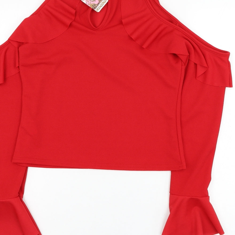 Boohoo Womens Red Polyester Basic Blouse Size 12 Mock Neck