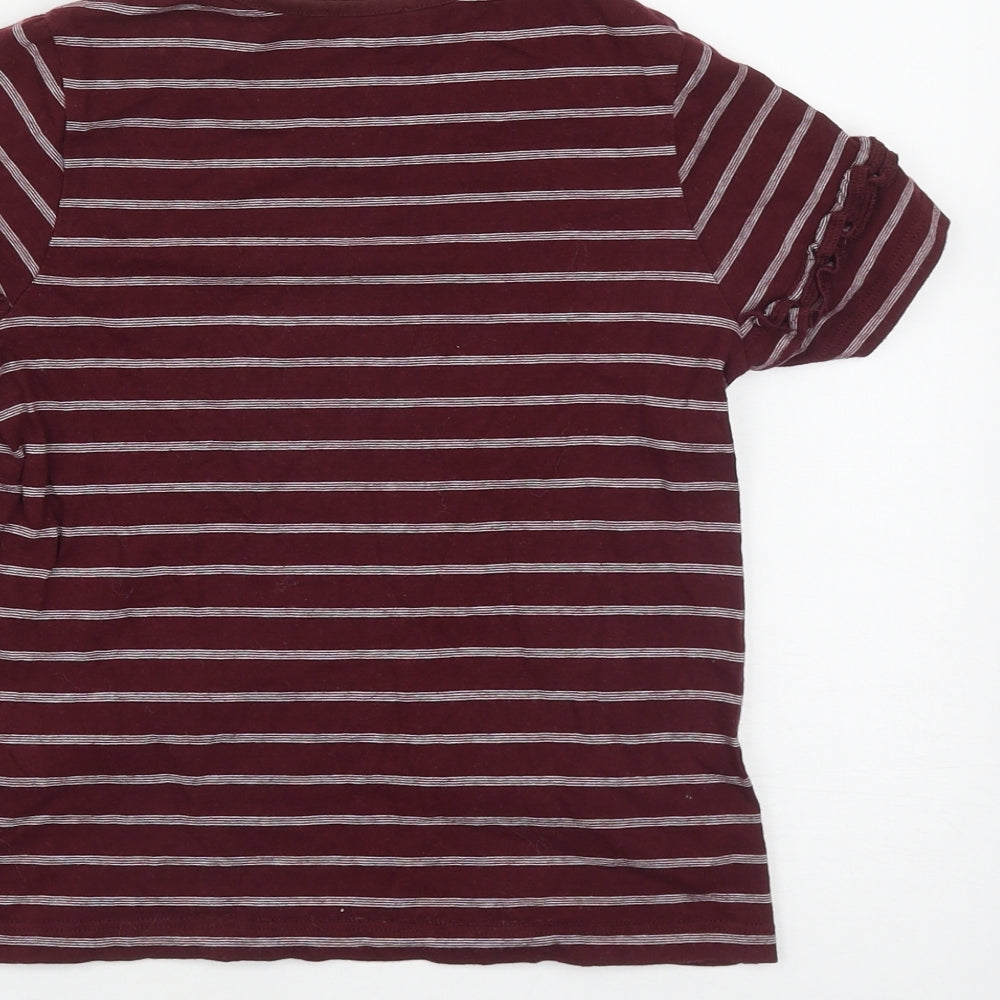 Marks and Spencer Girls Red Striped Cotton Basic T-Shirt Size 8-9 Years Round Neck - Shoulder Detail