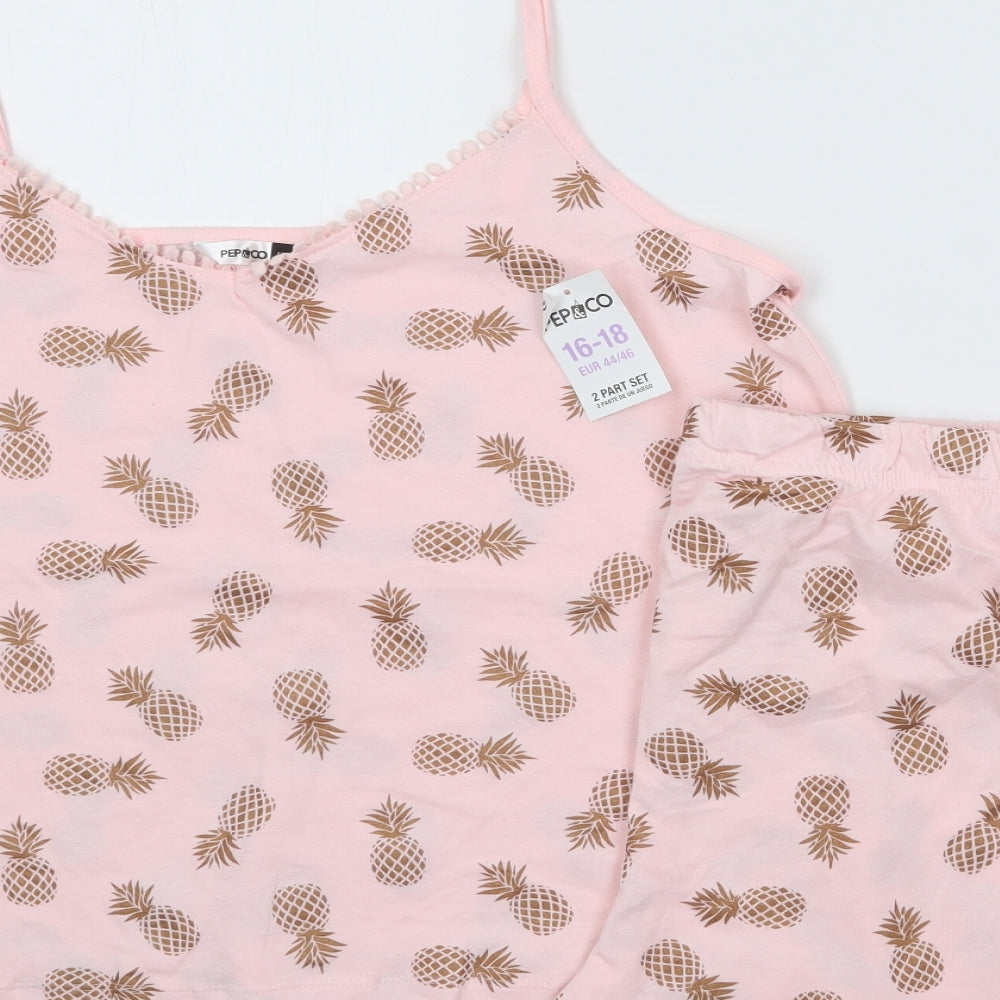 Pep&Co Womens Pink Geometric 100% Cotton Cami Pyjama Set Size 16 Drawstring - Pineapple