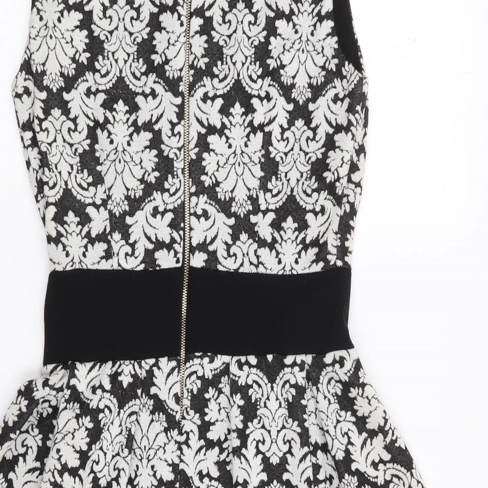Styled in Italy Womens Black Floral Polyester Fit & Flare Size S Round Neck Zip