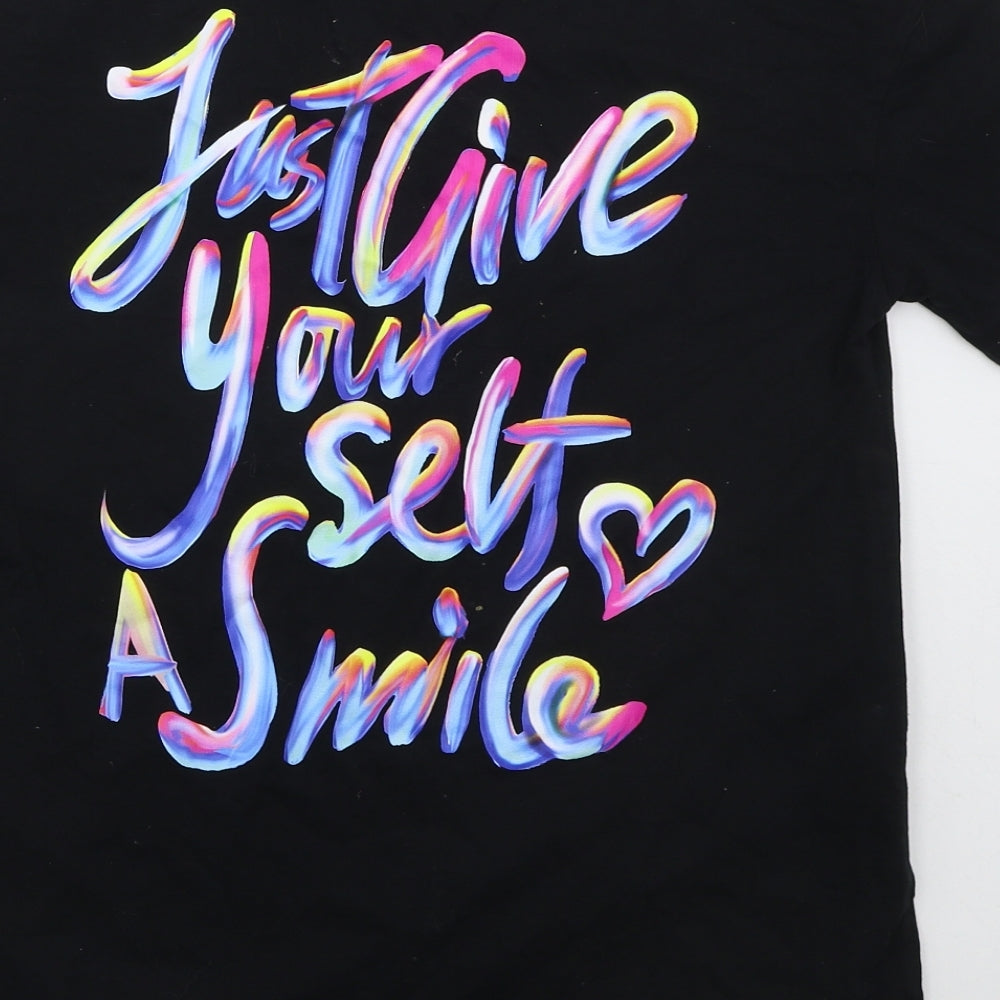 SheIn Girls Black Cotton Basic T-Shirt Size 10 Years Crew Neck Pullover - Just Give Yourself A Smile