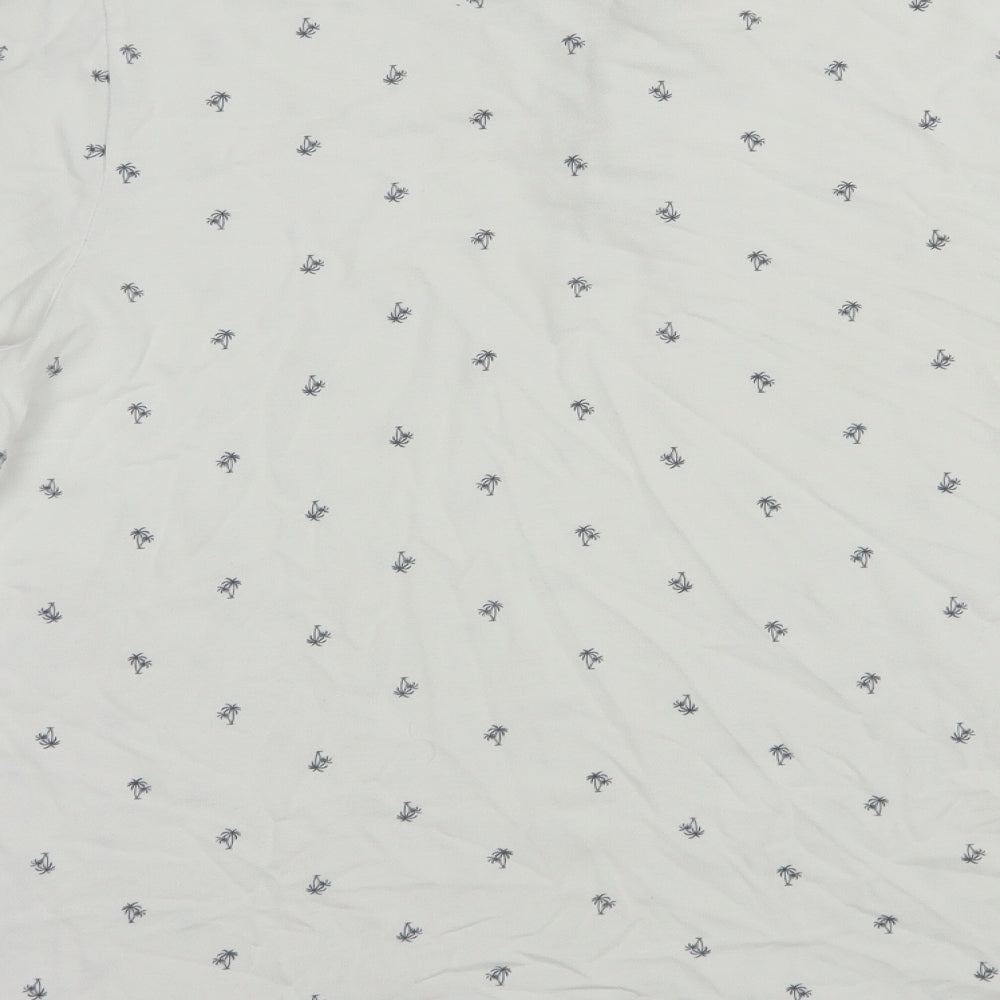 Fabric8 Mens White Geometric Cotton Polo Size L Collared Button - Palm Tree Print