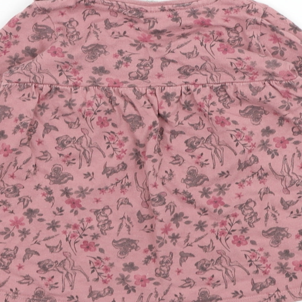 F&F Girls Pink Cotton Skater Dress Size 6-9 Months Round Neck Pullover - Bambi, Disney