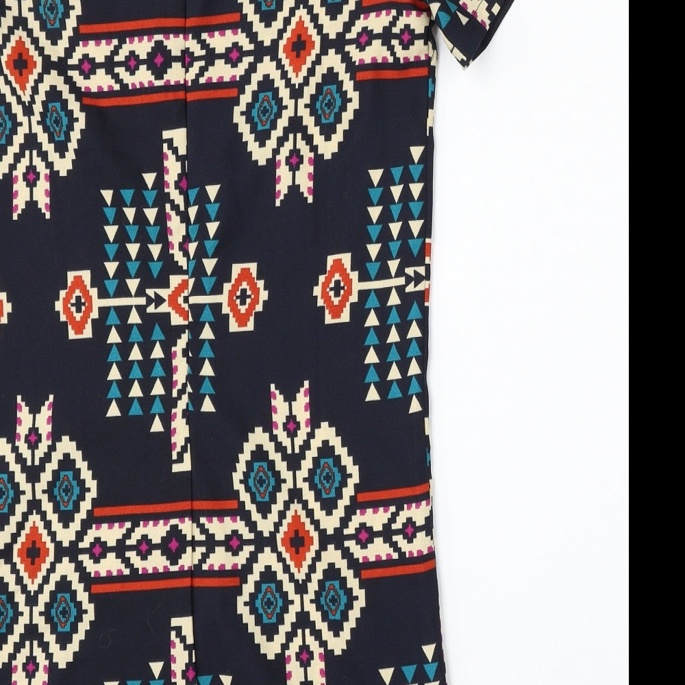 New Look Womens Blue Geometric Polyester Pencil Dress Size 8 Round Neck