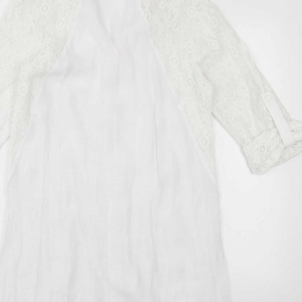 Haani Womens White Floral Polyester A-Line Size L V-Neck Button