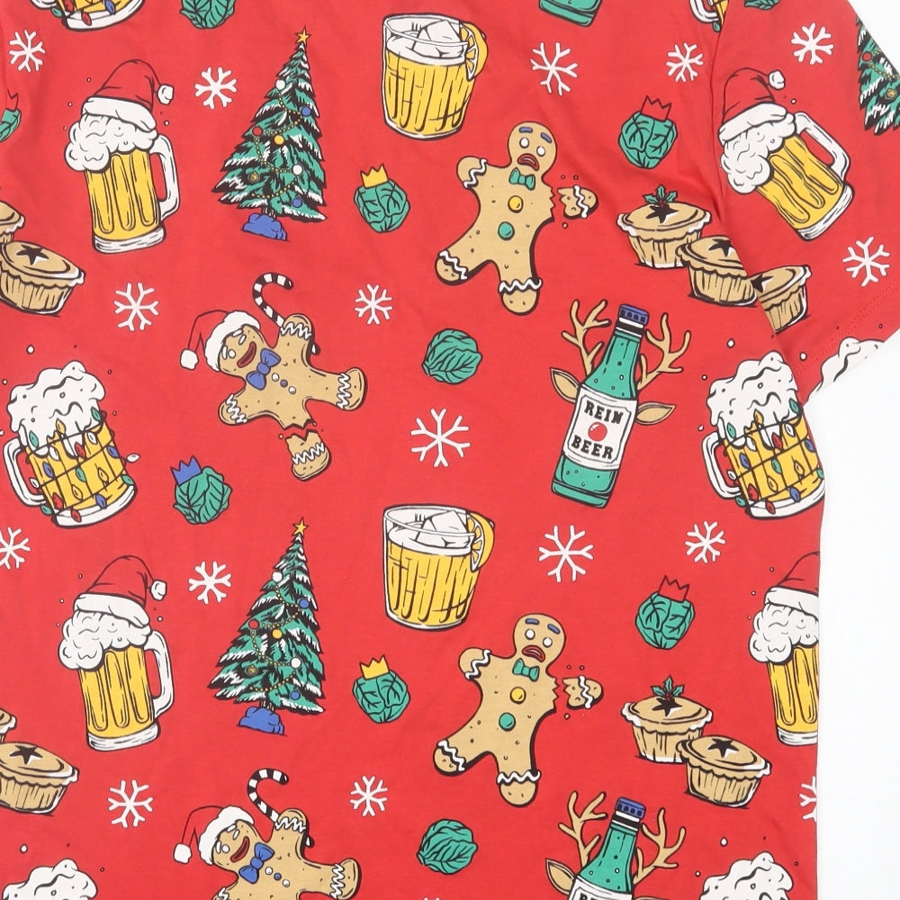 F&F Mens Red Geometric Cotton T-Shirt Size L Crew Neck - Christmas