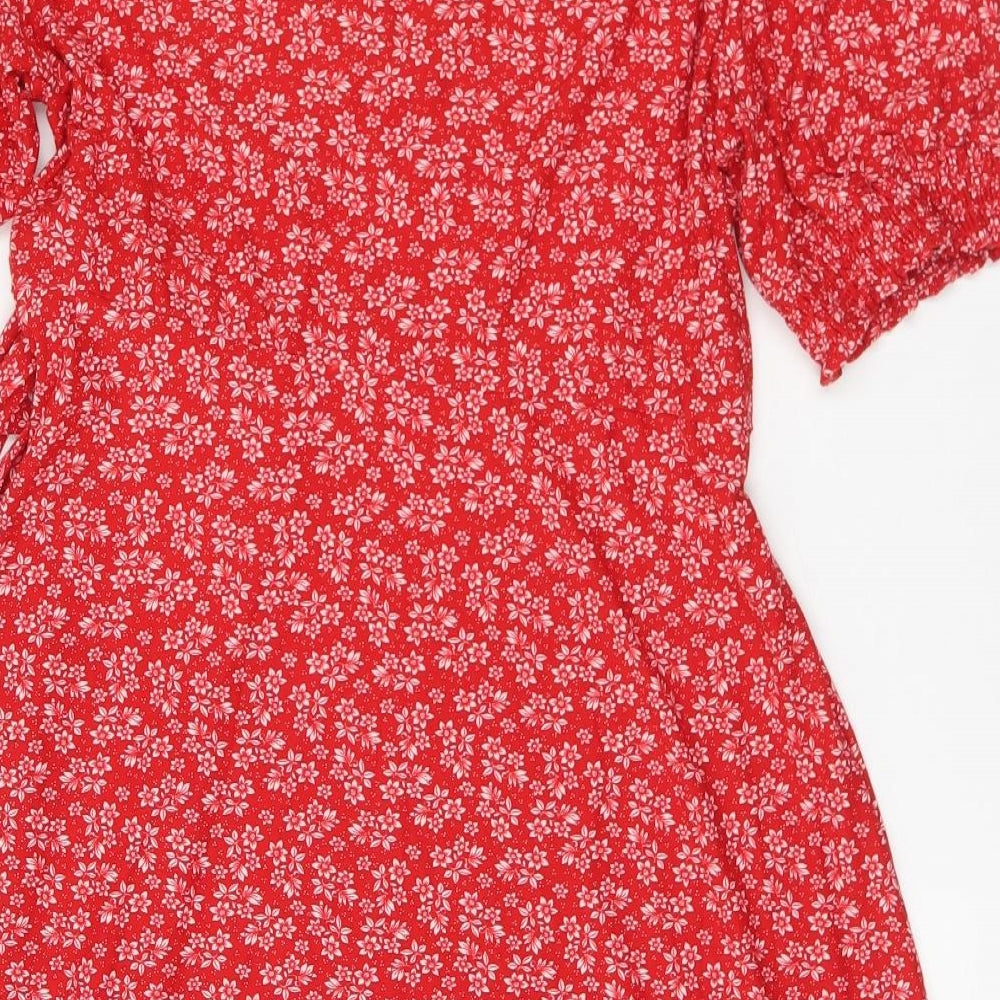 QED London Womens Red Floral Polyester Skater Dress Size 12 V-Neck