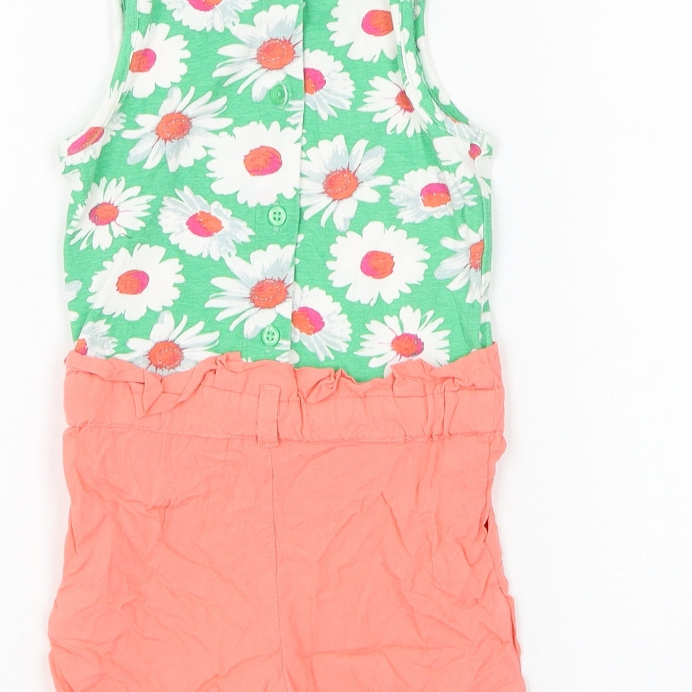 Preworn Girls Green Floral Cotton Romper One-Piece Size 12-18 Months Button