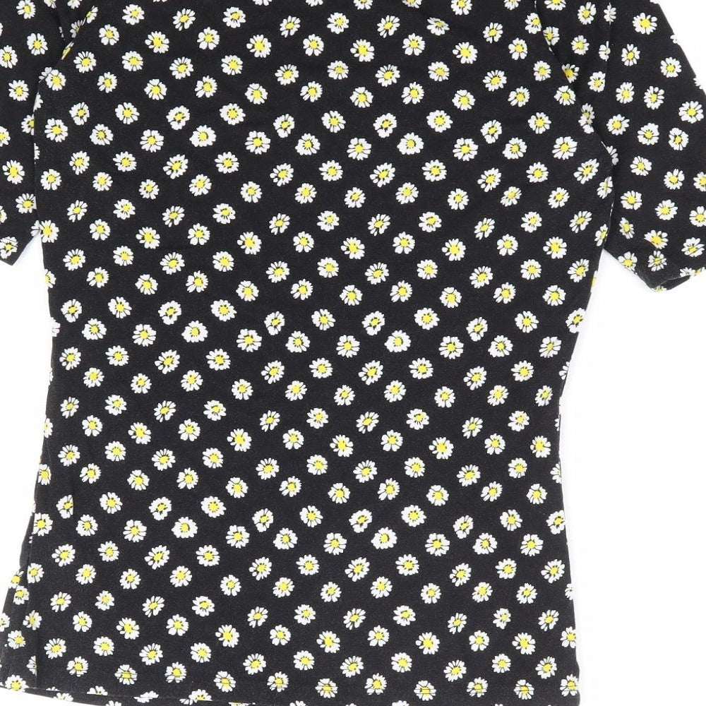 Warehouse Womens Black Floral Viscose Jersey T-Shirt Size 6 Round Neck