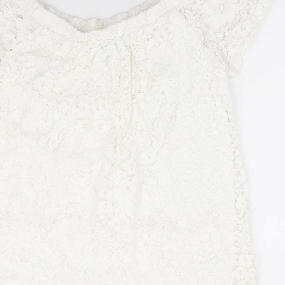 Peacocks Womens White Floral Nylon Basic Blouse Size 10 Off the Shoulder