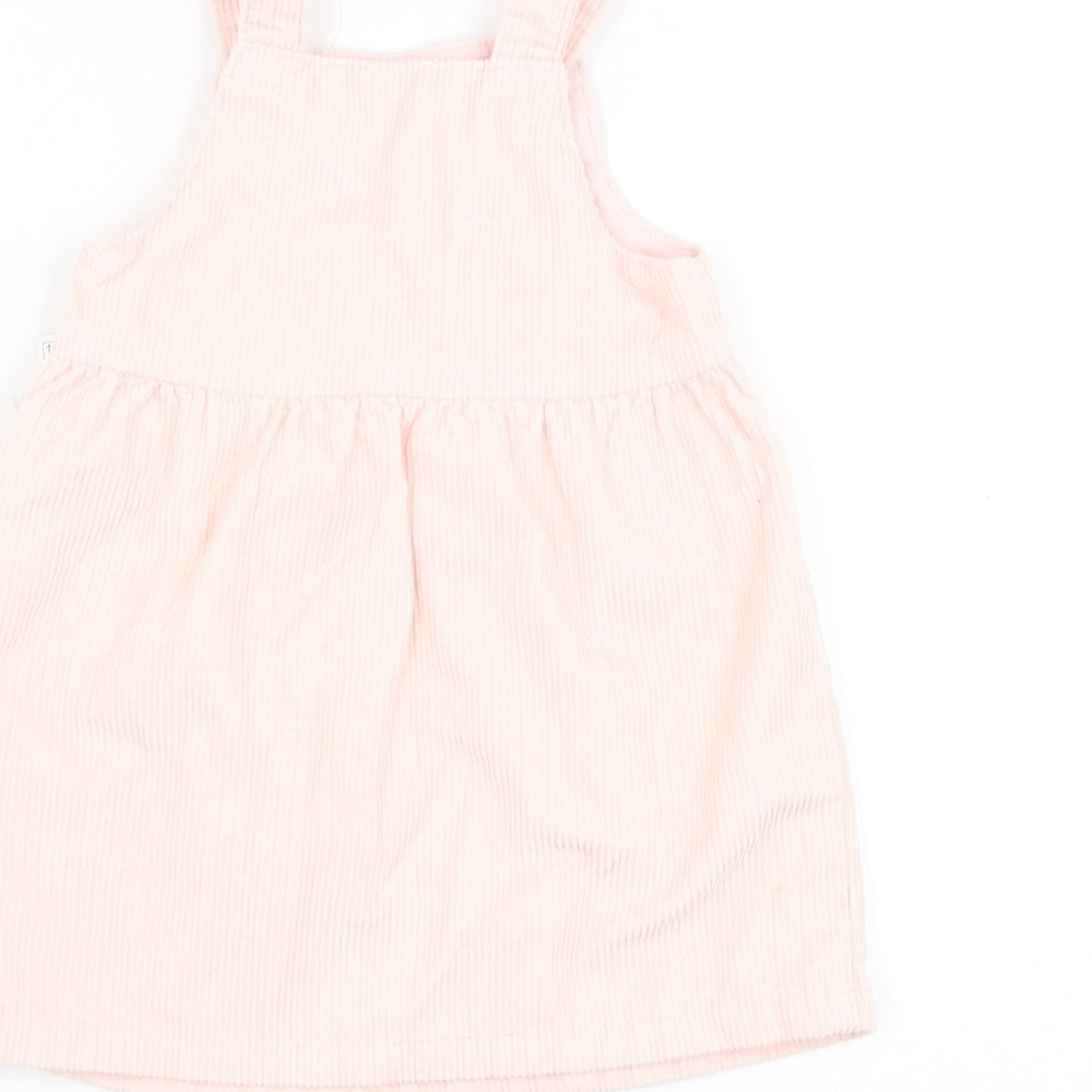 Marks and Spencer Girls Pink Cotton Pinafore/Dungaree Dress Size 12-18 Months Square Neck Button - Horse